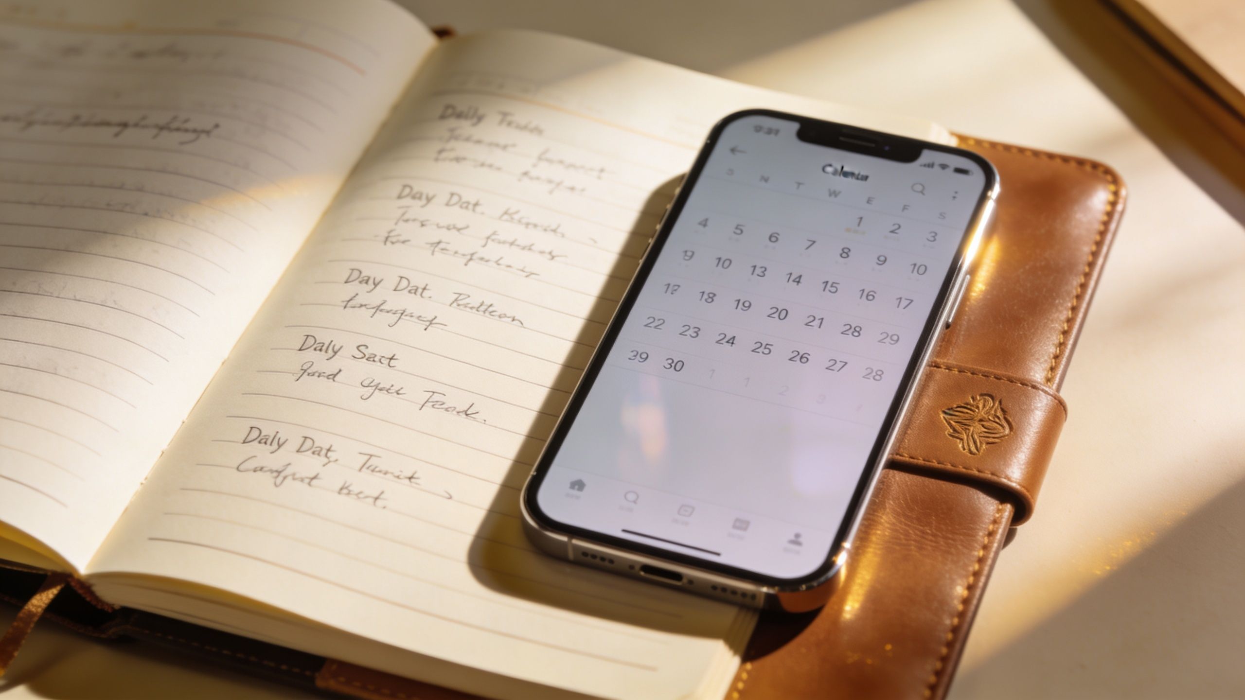 A smartphone showing a calendar app resting on top of an open notebook with handwritten notes.
