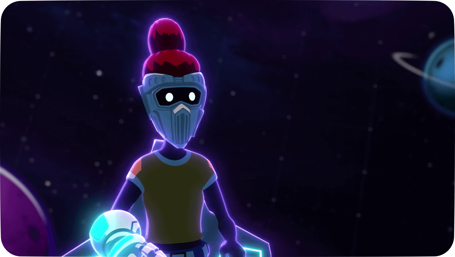 Stylized animated character wearing a mask and glowing armor, holding a luminous object while standing in a space environment with planets in the background.