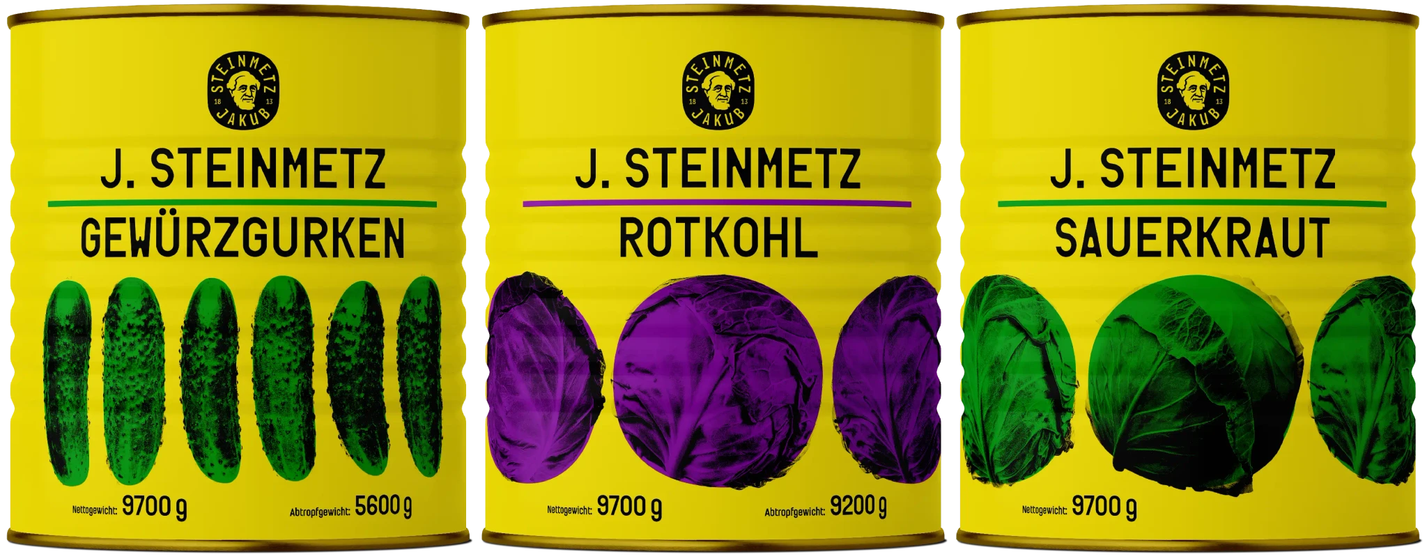 Gastro balení produktů J. Steinmetz – sterilované okurky, červené a bílé zelí tradiční německé výroby.