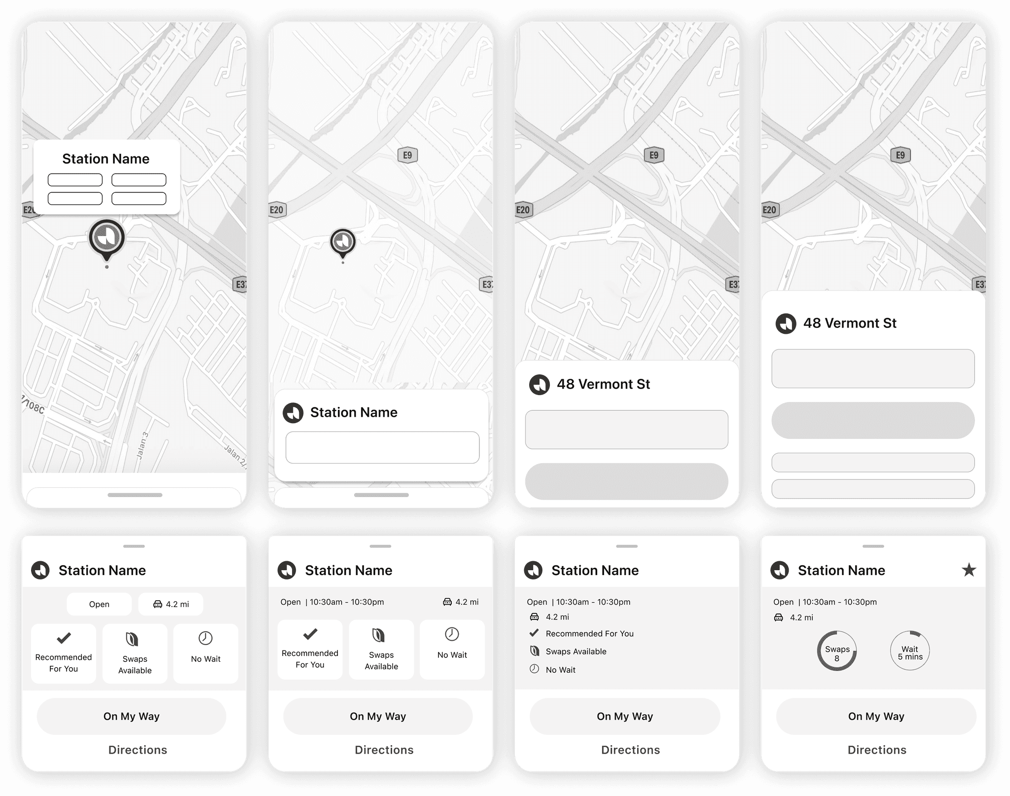 Wireframes showing the design iteration of station information