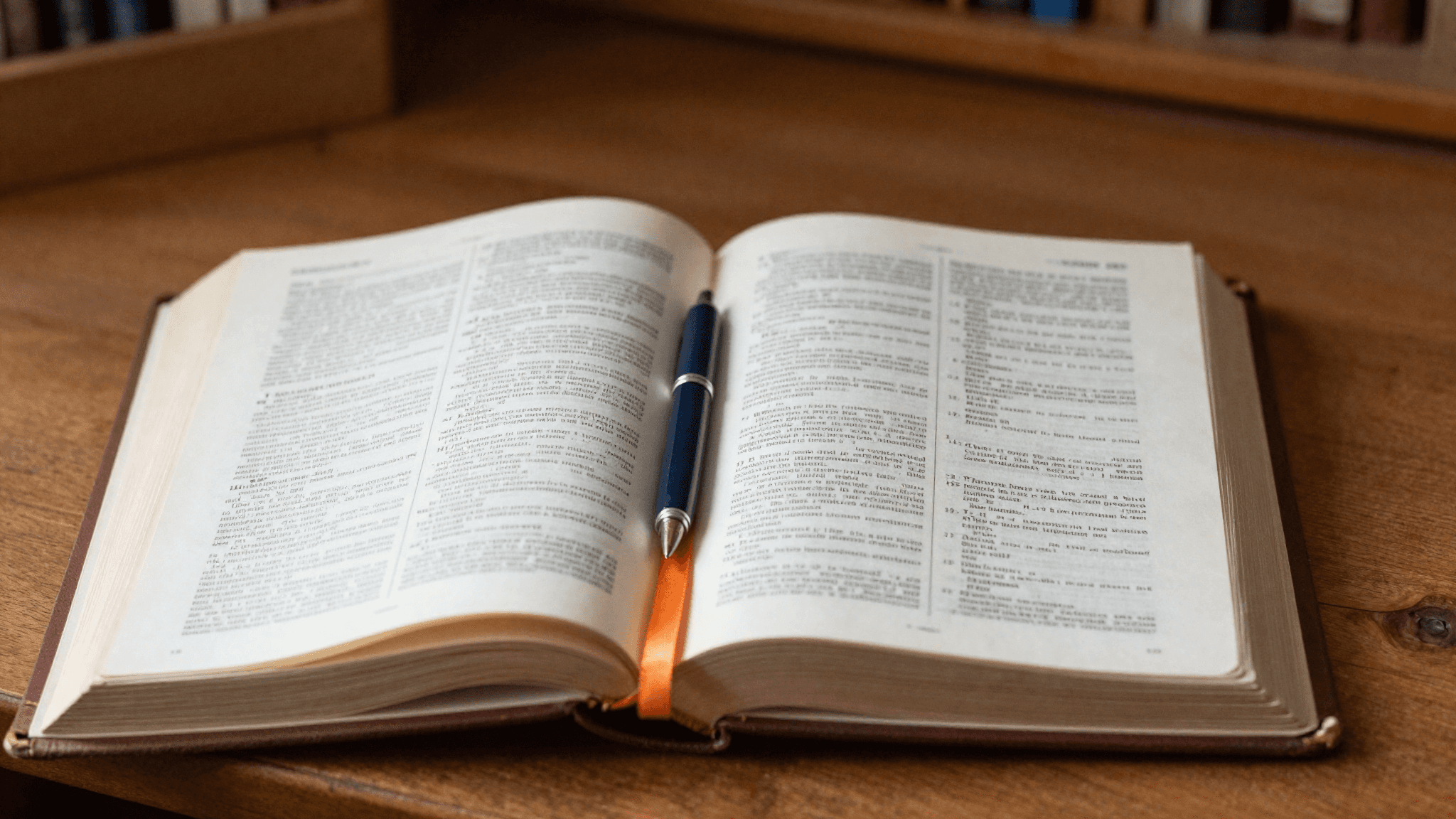 Offenes Hardcover-Wörterbuch auf Pult (KI-generiert)