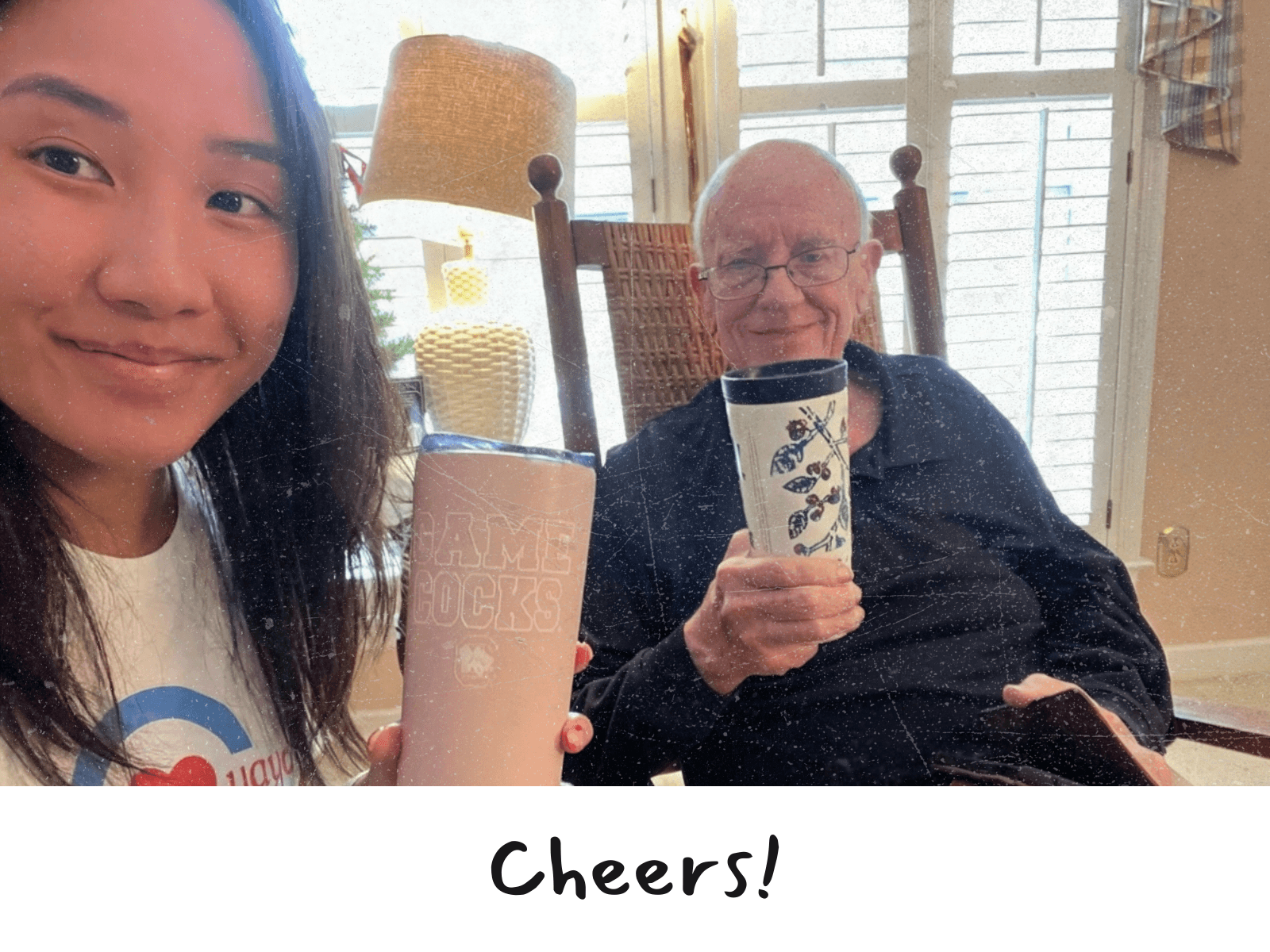 Polaroid selfie of CareYaya student and older adult man holding tumblers