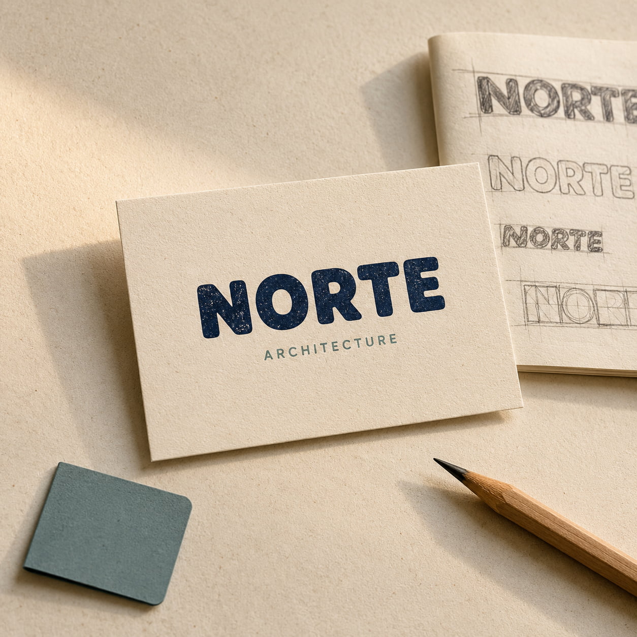 Business card featuring "NORTE Architecture" in bold black text on beige paper. A pencil and sketchbook display draft designs, creating a creative, professional tone.