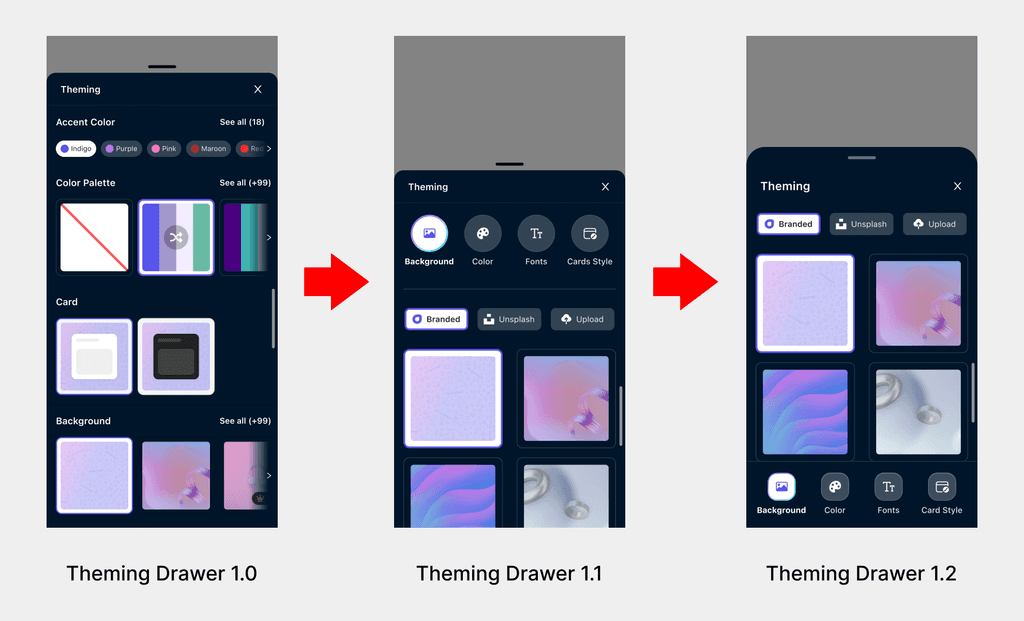 Theming Drawer: v1.0 combines color, card, and background options in a single scroll. v1.1 adds clear top tabs and content filtering. v1.2 improves accessibility with bottom navigation and larger visual previews.