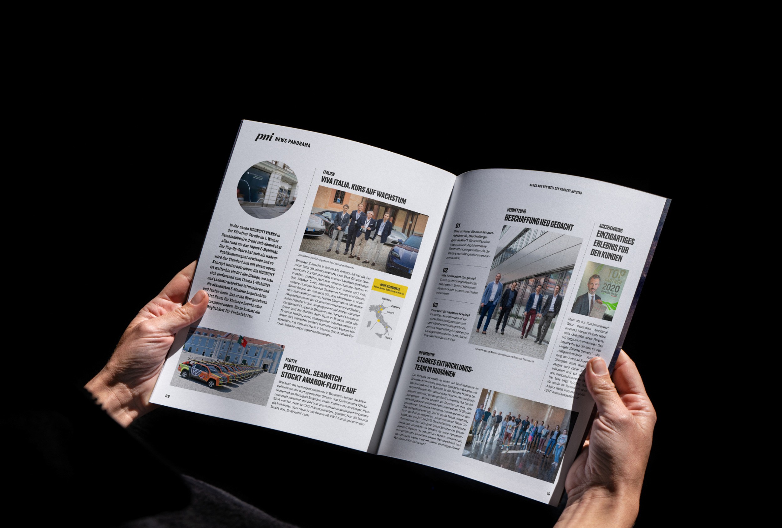 Doppelseitiges Layout des Magazins mit flexiblem Raster und ansprechender visueller Gestaltung.