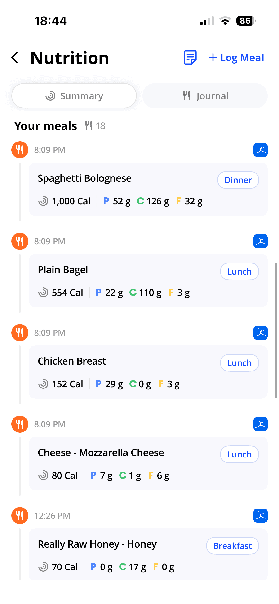 real Everfit food journal screen