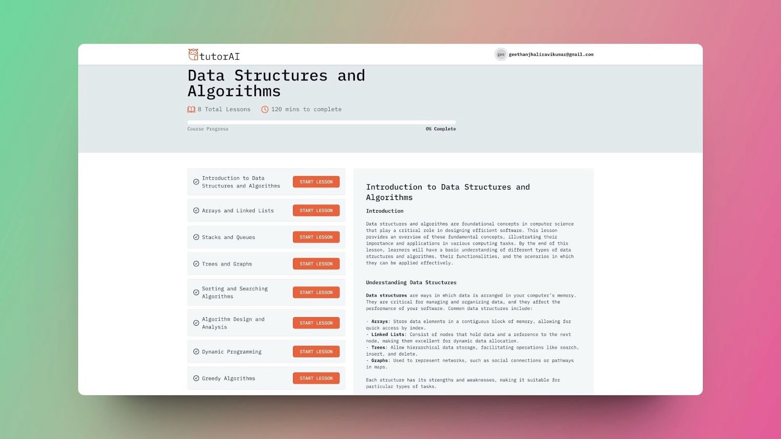 An image of TutorAI's course on data structures and algorithms, listing lessons such as arrays, linked lists, stacks, and more.