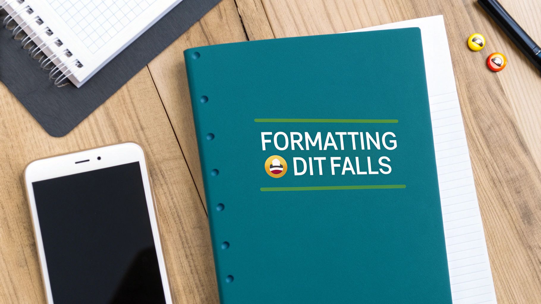 A flat lay of a wooden desk with a white smartphone, a teal binder, a notebook, and office supplies.