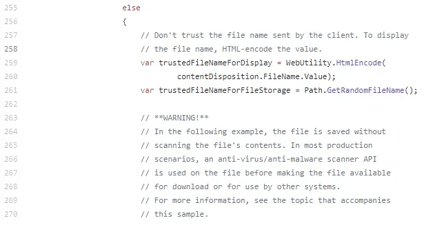 A security aware code block from file upload tutorial on .NET Core