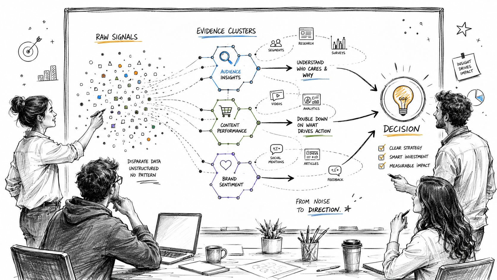 A team of professionals collaborating in front of a whiteboard illustrating a data-to-decision workflow process.