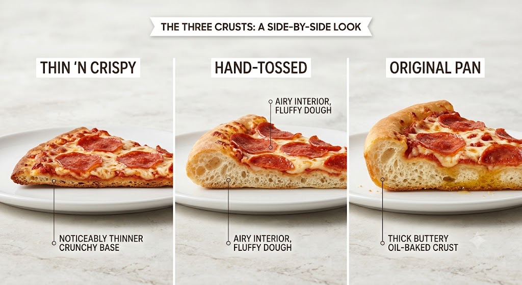 A side-by-side comparison infographic showing three Pizza Hut crust types: Thin 'N Crispy with a thin crunchy base, Hand-Tossed with an airy fluffy interior, and Original Pan with a thick buttery oil-baked crust, each with pepperoni topping.
