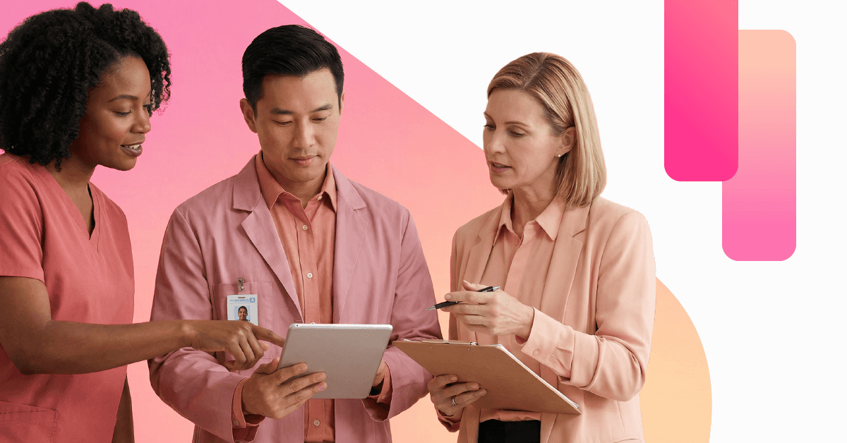 Diverse group of healthcare professionals smiling together, representing Synapti Health’s tailored value based care training solutions for every healthcare organization.