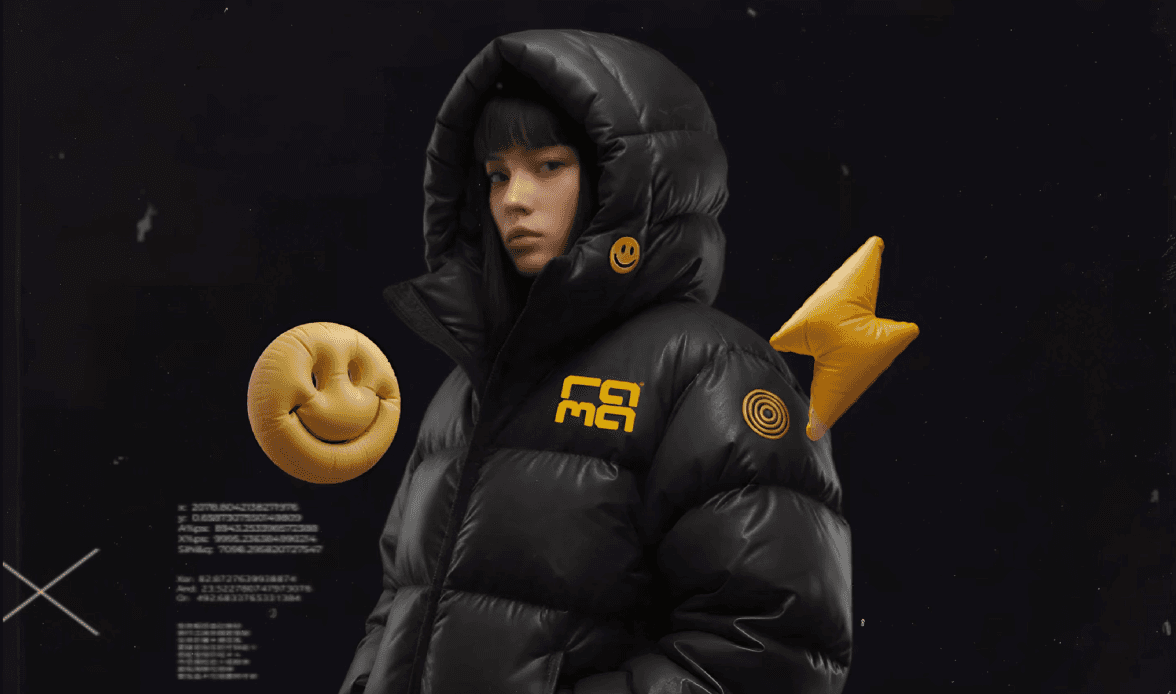 girl wearing puffy jacket surrounded by smiley face and thunder