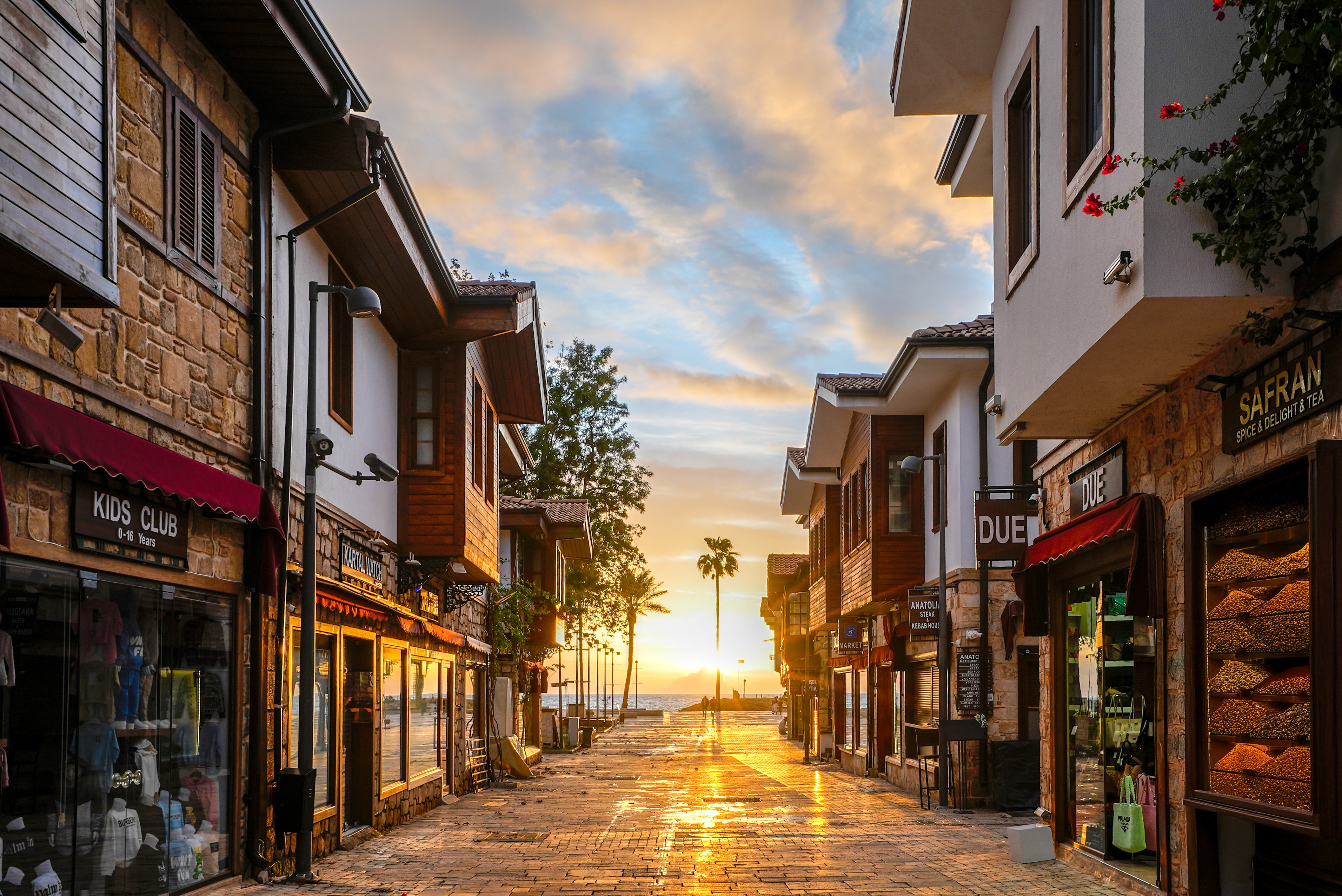 Historic street and shops in Side old town Antalya