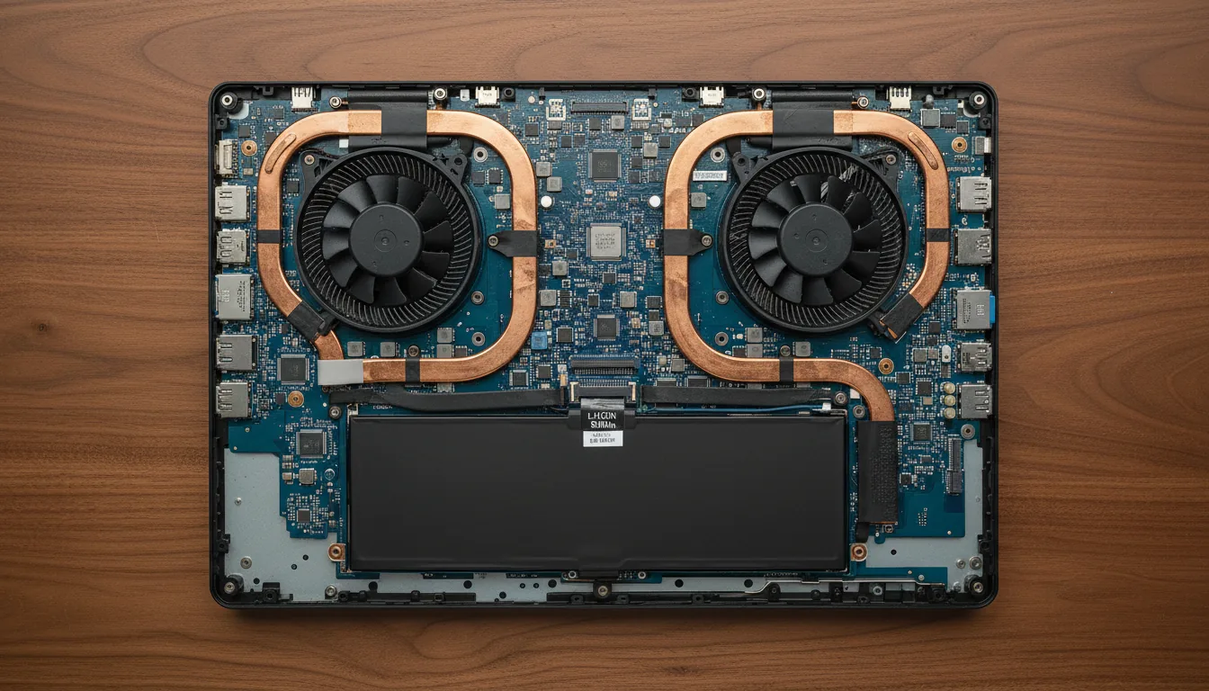 DSLR photography, a detailed top-down flat lay shot of the interior of a modern high-performance laptop on a walnut wood surface. The back cover is removed, revealing the intricate components under clean, soft studio lighting. A vibrant blue motherboard is packed with silver microchips and circuits, flanked by two large black cooling fans connected by a complex network of black copper heat pipes. At the bottom, a large black lithium-ion battery pack is visible. The focus is tack-sharp across the entire frame, highlighting the contrast between the high-tech electronics and the organic wood grain.