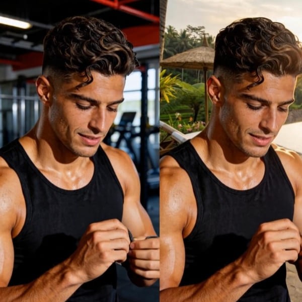 Avant et après l'utilisation d'un générateur d'arrière-plan vidéo IA