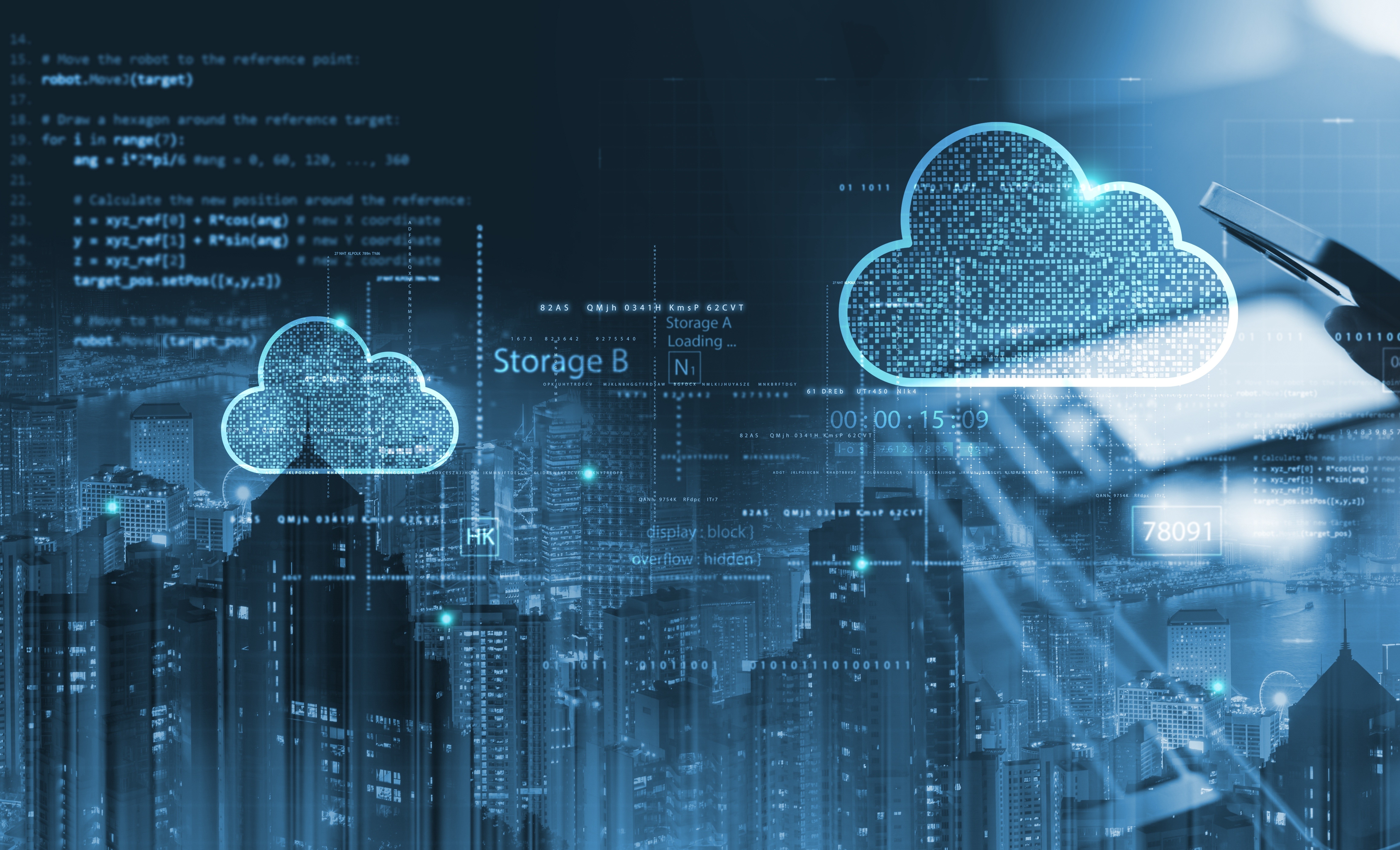 Cloud storage infrastructure with digital data transfer over city skyline.