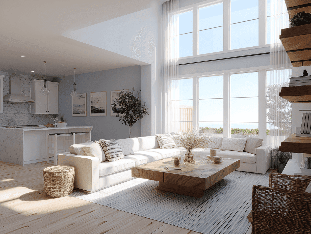 Coastal-themed living room with a beige sofa, blue cushions, and wicker furniture. Large window shows a serene ocean view, conveying tranquility.