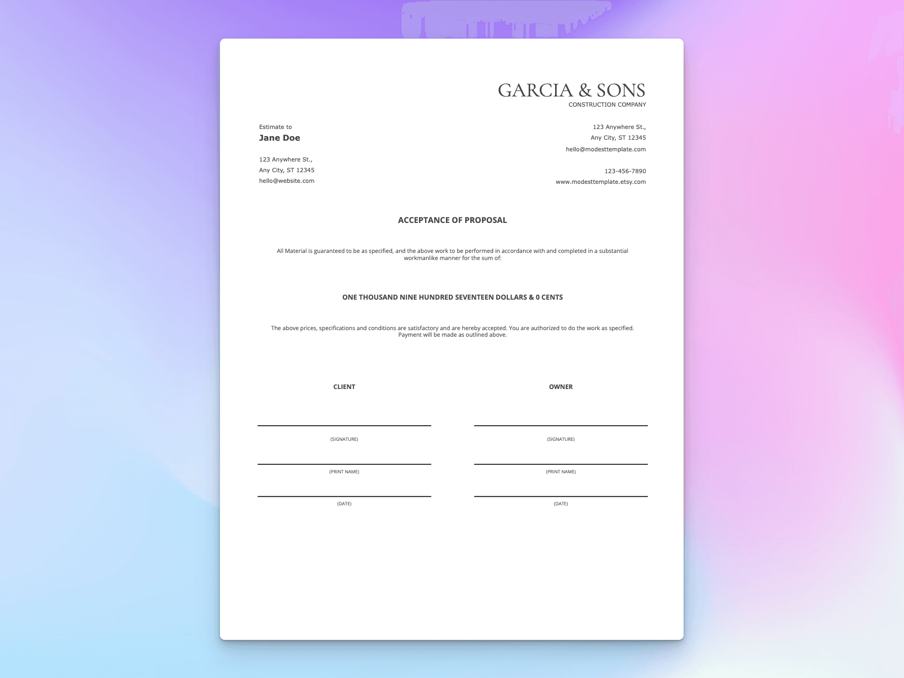 Term Sheet template outlining project acceptance, client and owner signatures, and payment agreement details.