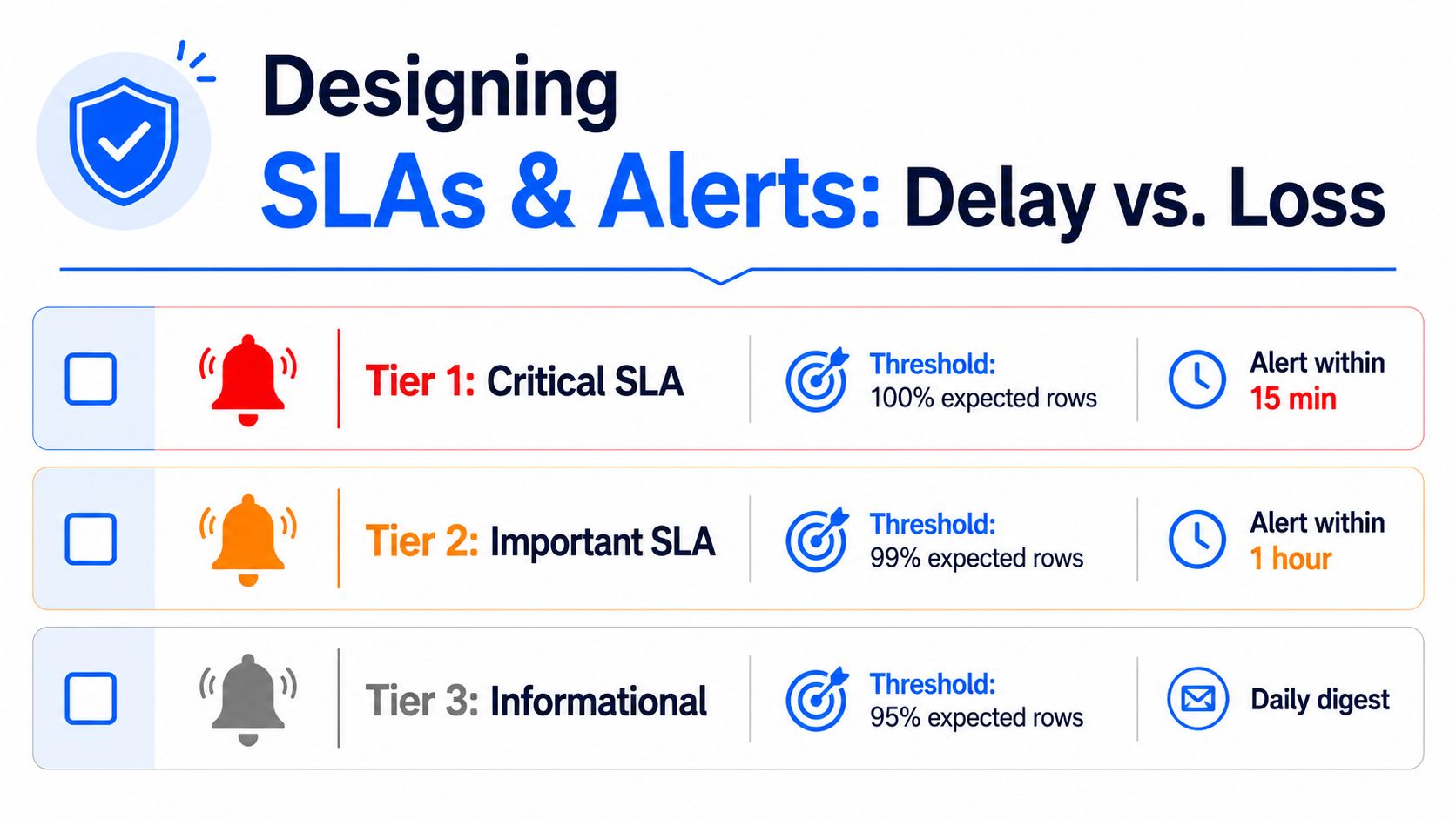 A chart outlining three tiers of data service level agreements, including thresholds and alert frequencies for monitoring.