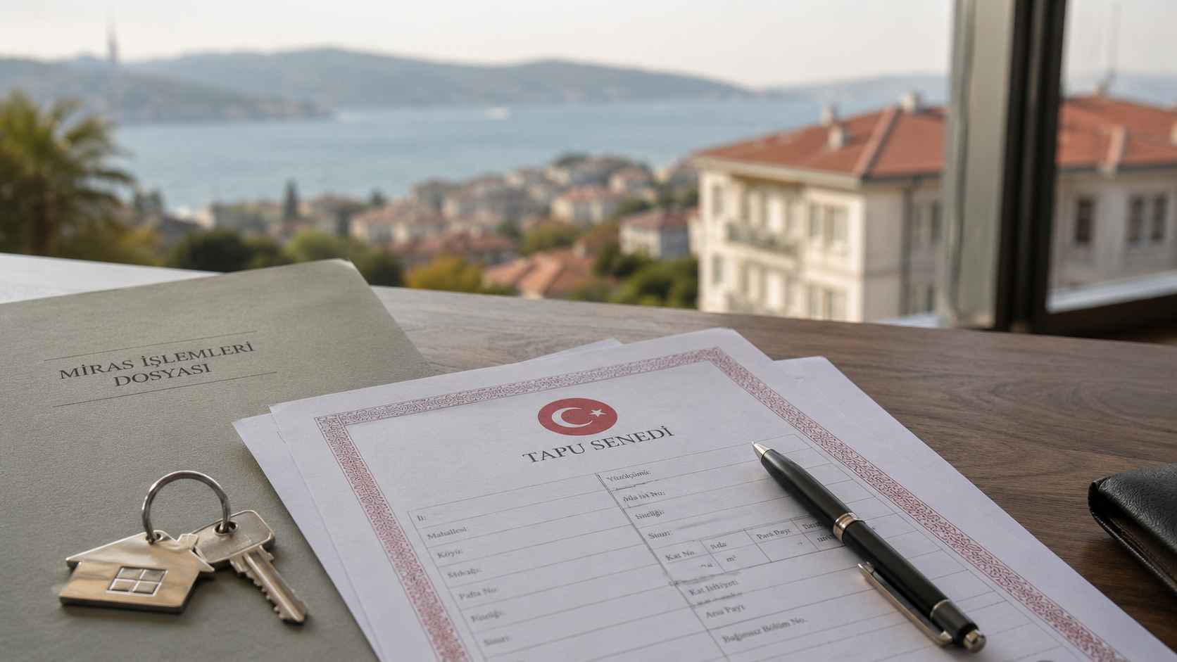 Inheritance and property documents in Turkey with title deed papers and house keys on a legal office desk