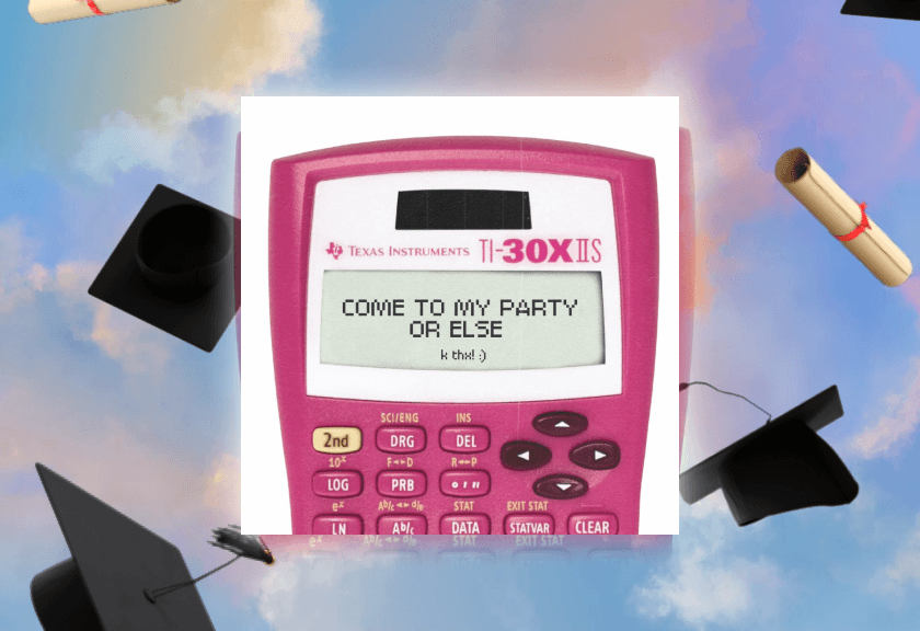 Funny pink calculator-themed grad invite with caps and diplomas.