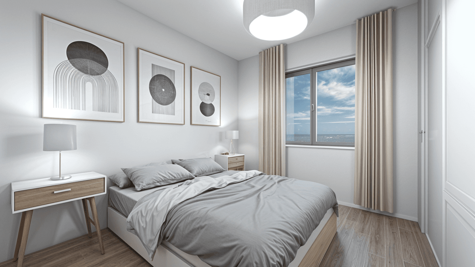 Stylish bedroom in a two-bedroom apartment with modern furniture, neutral tones, and a large window providing natural light.