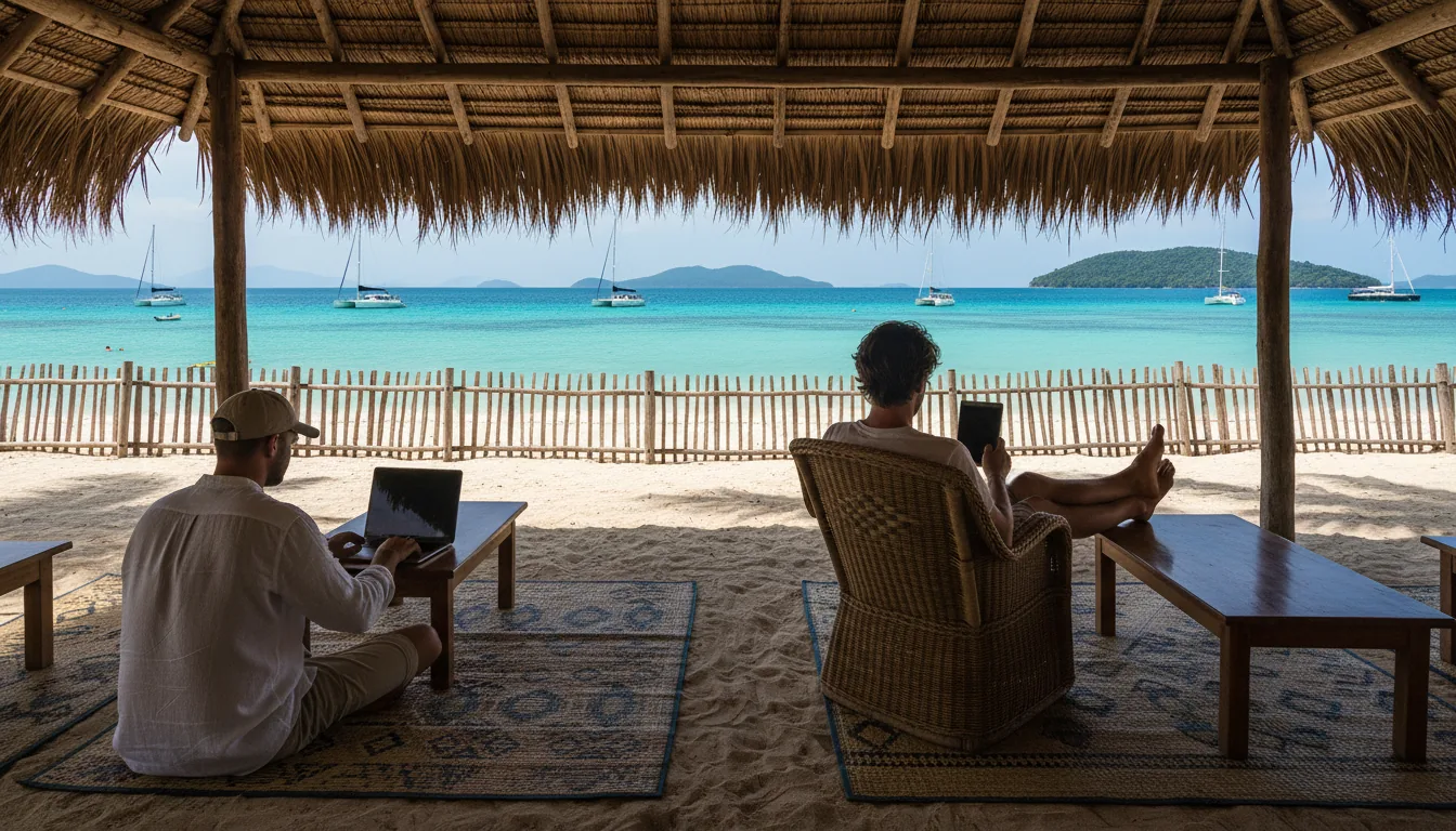 DSLR photograph of a rustic, open-air coworking space on a tropical beach. The view is from a shaded patio with a thatched roof, looking out at the bright turquoise sea. In the foreground, two men are seen from behind, one wearing a baseball cap and typing on a laptop at a low table, the other relaxing in a chair. The ground is sand covered with large, patterned woven mats. A low bamboo fence separates the space from the beach. In the background, sailboats and distant hazy islands are visible on the water. The scene is lit by bright, natural daylight, creating high contrast and strong shadows, capturing a relaxed digital nomad atmosphere.