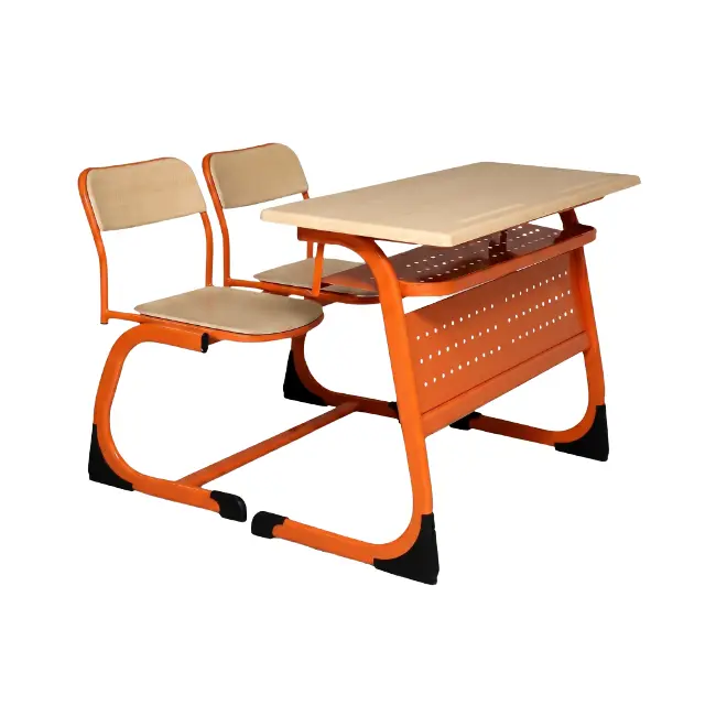 Orange classroom chair and desk set with wooden seat and metal frame for school projects, Made in Turkey