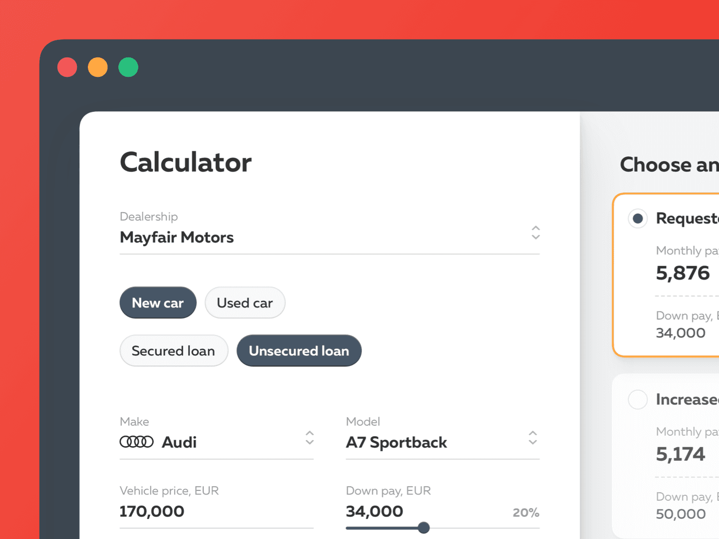 Car loan calculator interface displaying financing options with adjustable loan parameters and payment breakdown.