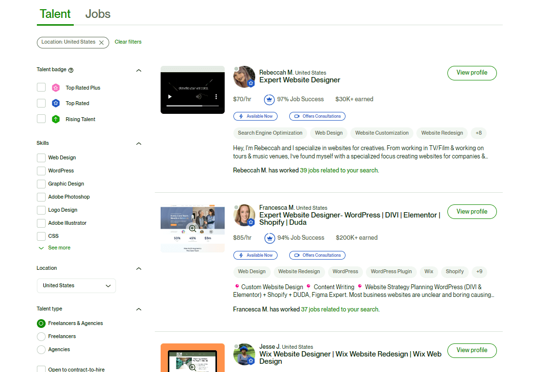 screenshot from upwork on the list of freelancers after searching