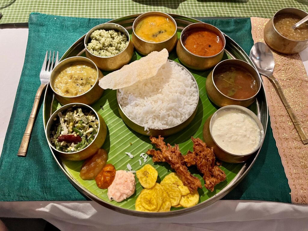 The magnificent thali at Svatma in Thanjavur.