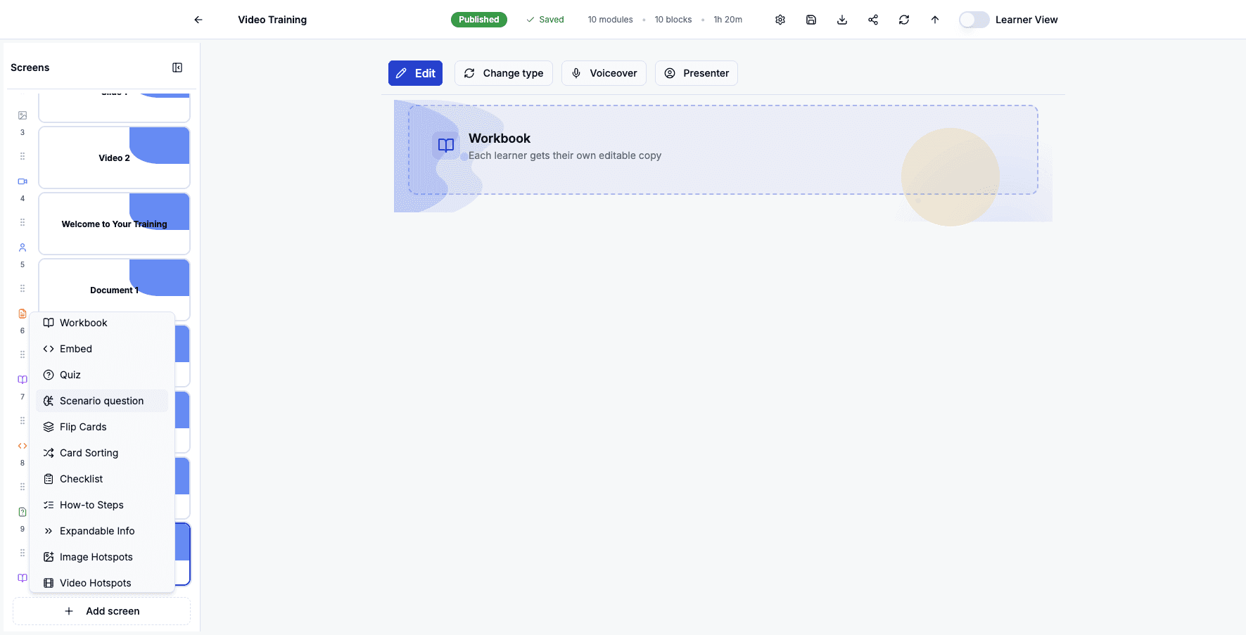 Select Scenario question to add branching decision-making exercises that simulate real situations.