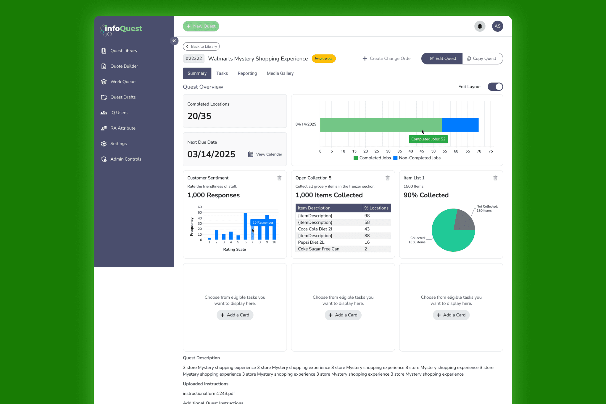 21 task types, one consistent grid — the summary tab went from placeholder to primary entry point for quest reporting.