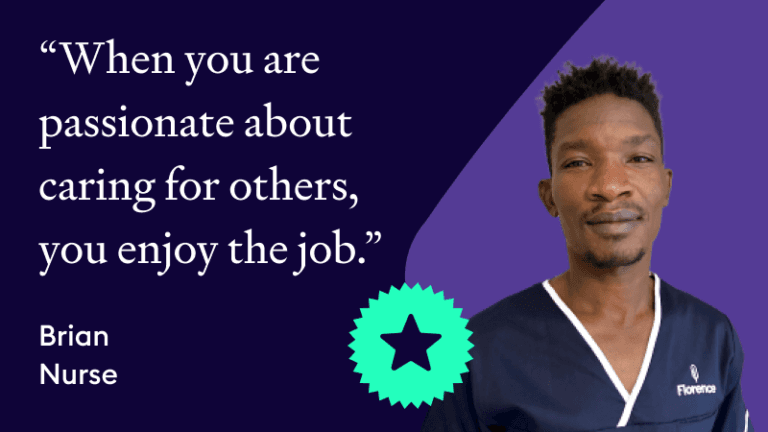 Brian, a Florence Star Award winner and care nurse, smiling on a dark purple background with a star icon and the quote "When you are passionate about caring for others, you enjoy the job."