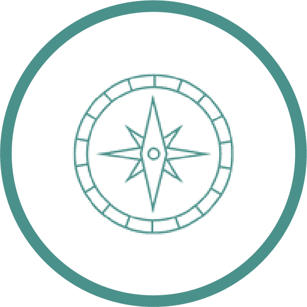 Teal compass rose within concentric circles, symbolizing life purpose and spiritual direction