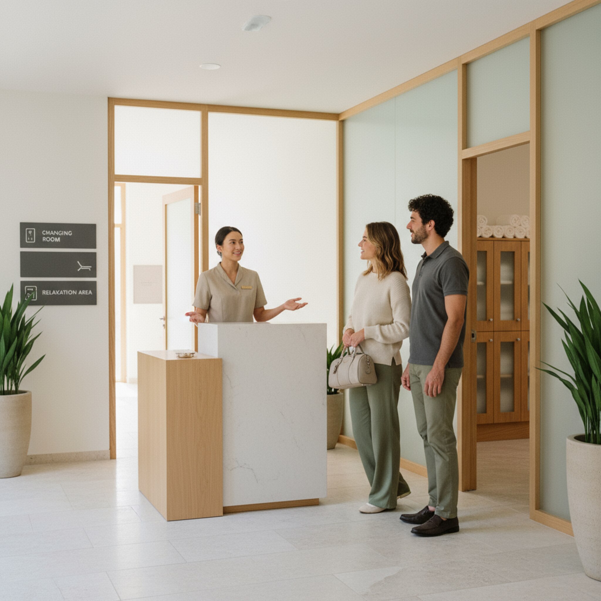 Am Eingang begrüßt eine Mitarbeiterin zwei Gäste freundlich und weist ihnen ruhig den Weg zu Umkleiden und Ruhebereich. Dahinter öffnet sich ein heller Flur, alles ist klar beschildert und ordentlich. Die Ankunft wirkt geordnet, wertschätzend und zügig.