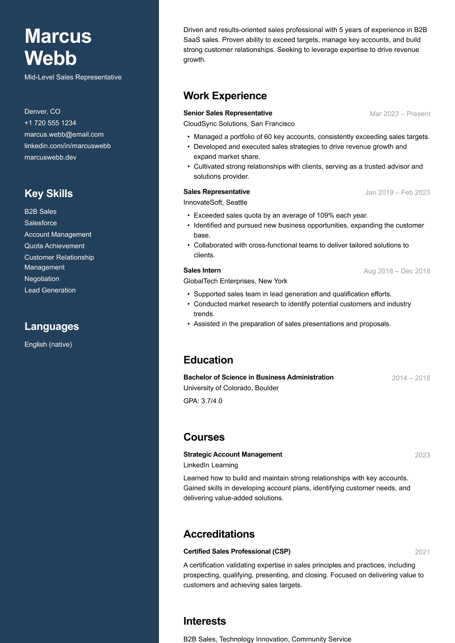 Mid-level sales representative resume example