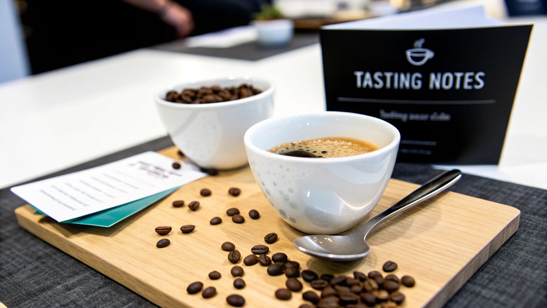 A coffee tasting setup with two white cups, coffee beans, a spoon, and tasting notes on a wooden board.