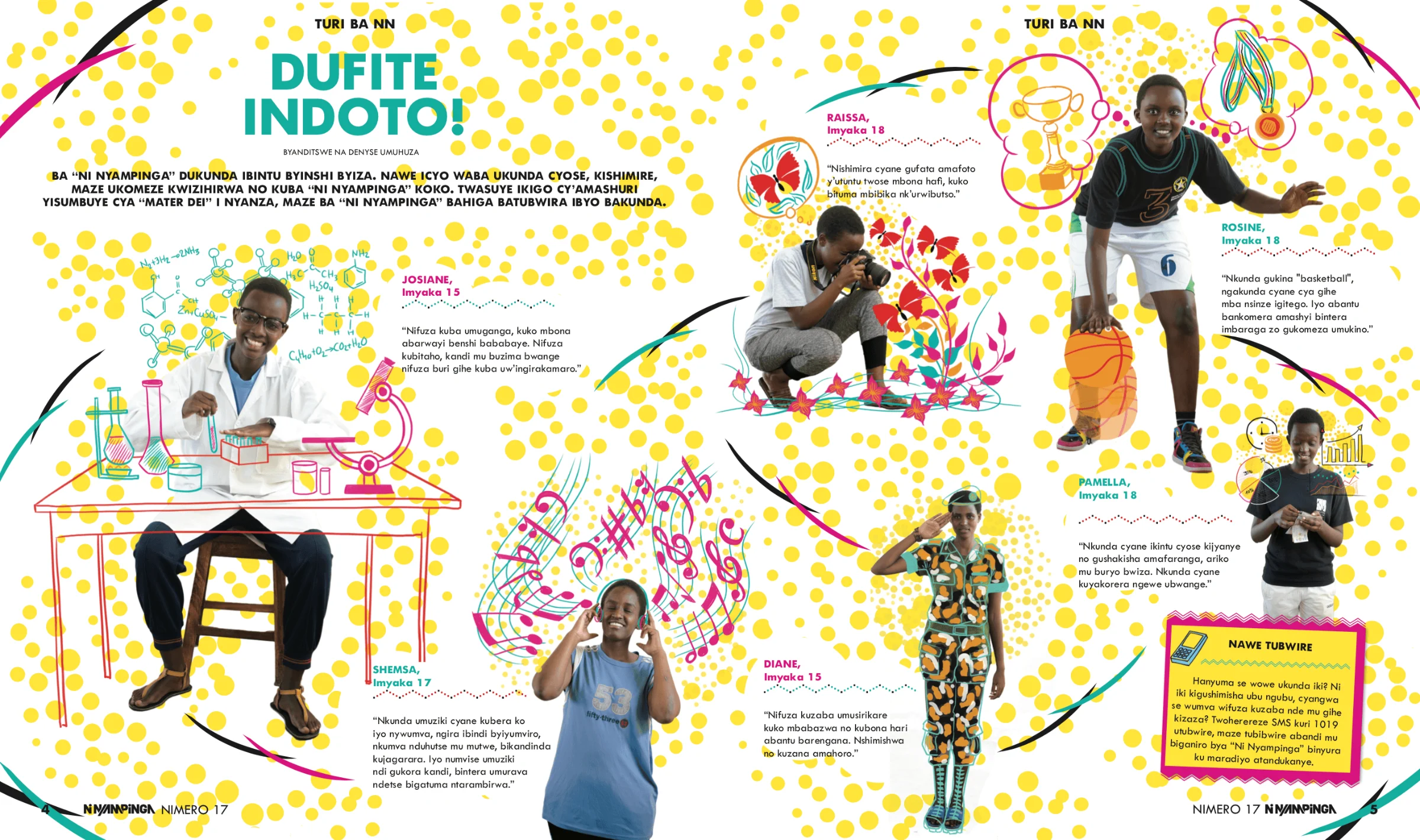 Ni Nyampinga magazine spread ‘Dufite Indoto’ with portraits of Rwandan girls sharing their dreams, styled with playful yellow dot illustrations