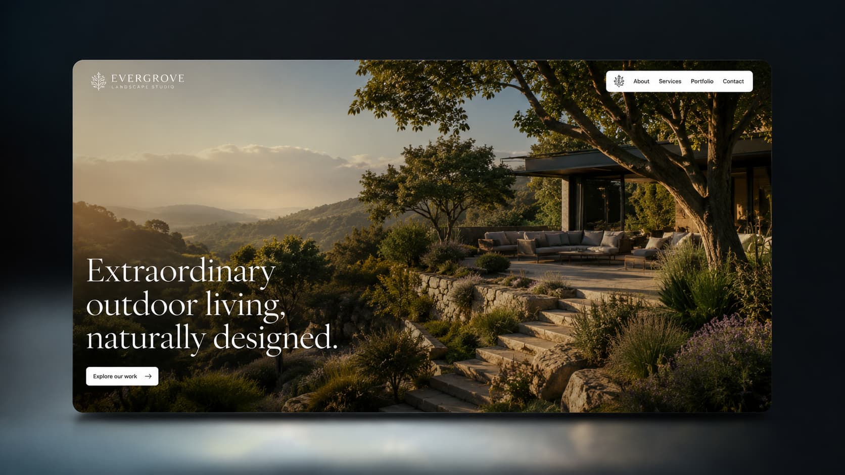 Premium service business hero section mockup for Framer Website Development by Frummerin Digital, showing an elegant landscape design website with a cinematic full-screen layout.