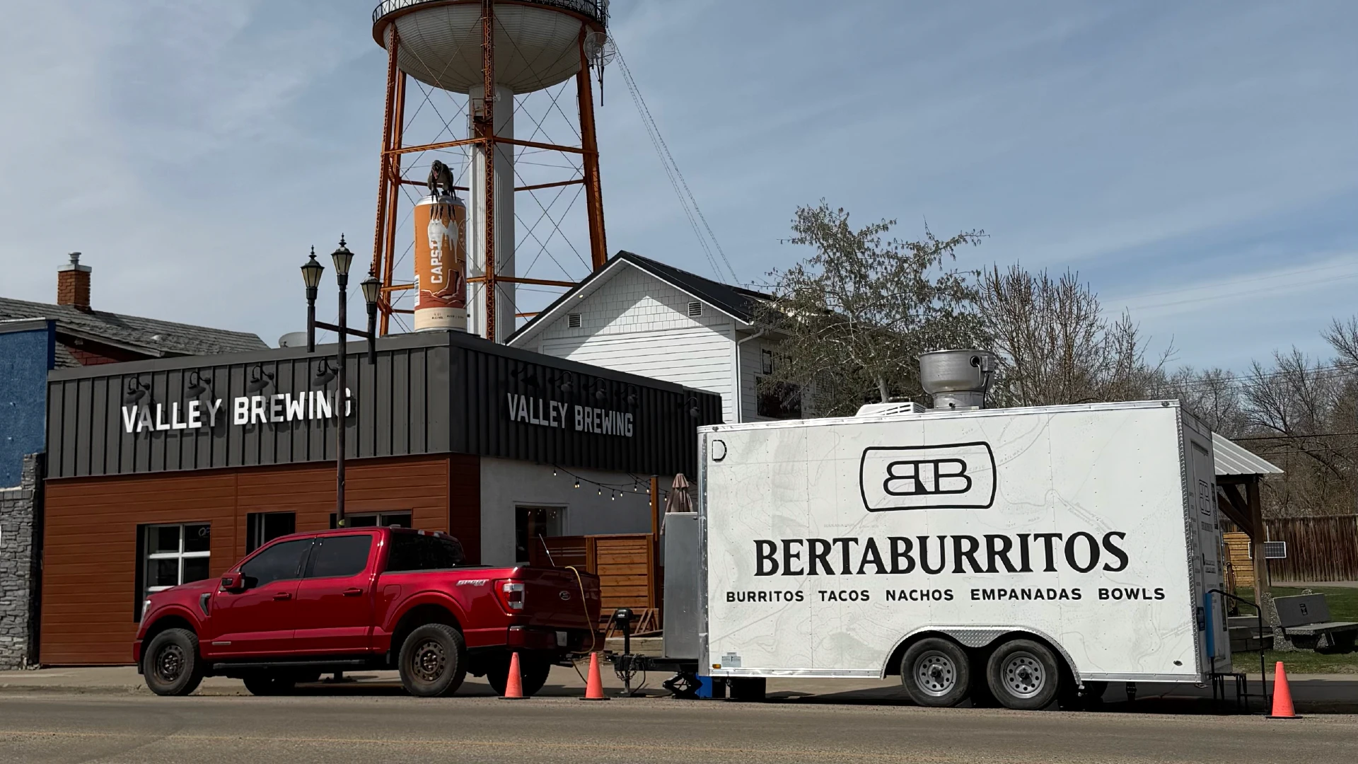 BertaBurritos food truck with custom restaurant branding parked outside Drum Distilling Co. in Drumheller, Alberta