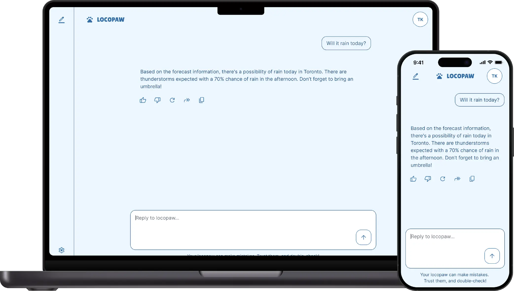 Locopaw chat page in Rainy theme with forecast example.