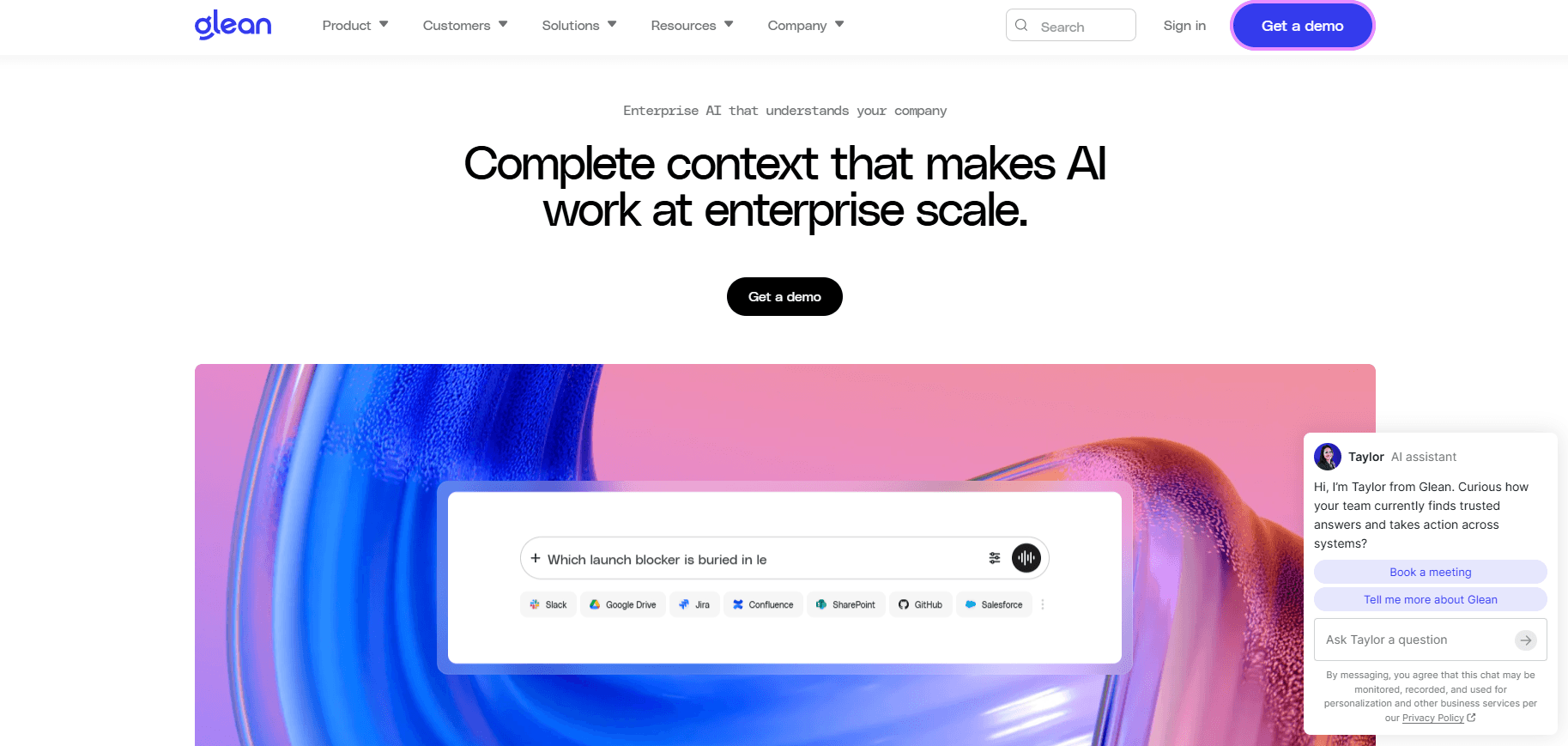 Glean enterprise AI page showing a workplace search bar and an AI assistant conversation