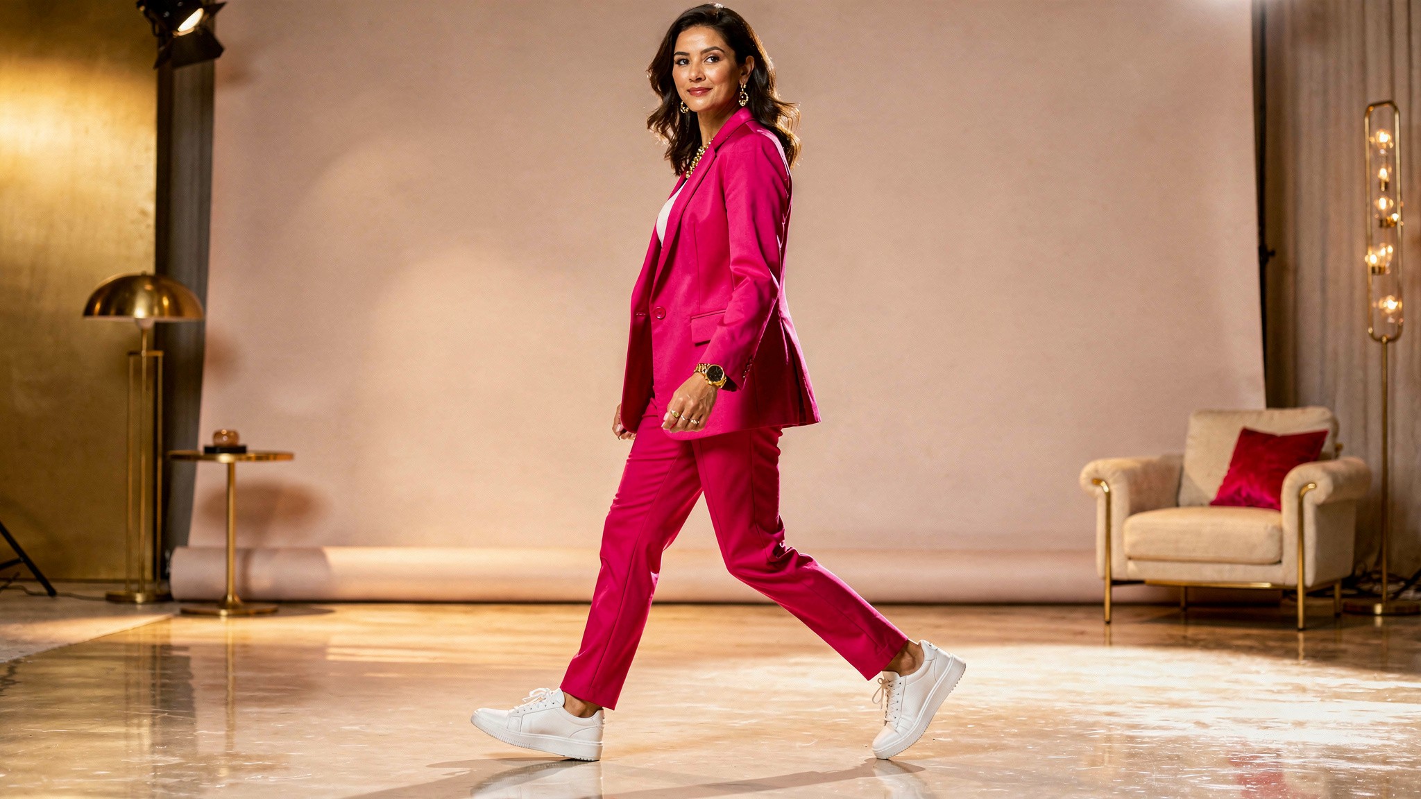 Adult travel creator walking confidently through a bright studio set, motion blur, pink tones
