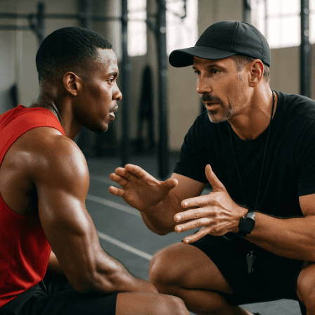 Treinador transmitindo conhecimento e apoio ao atleta