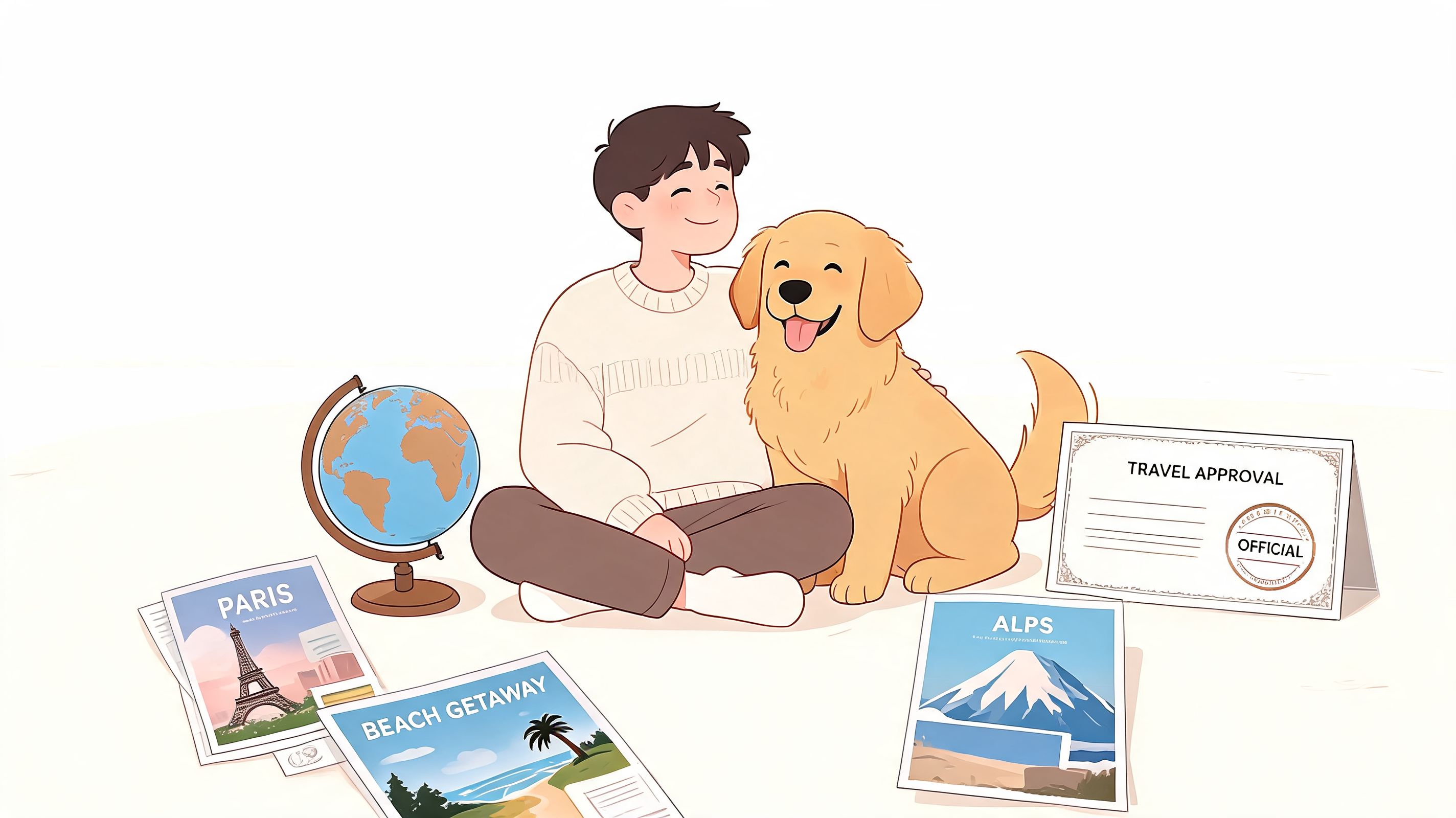 A happy young man sitting on the floor with his golden retriever dog next to travel documents.