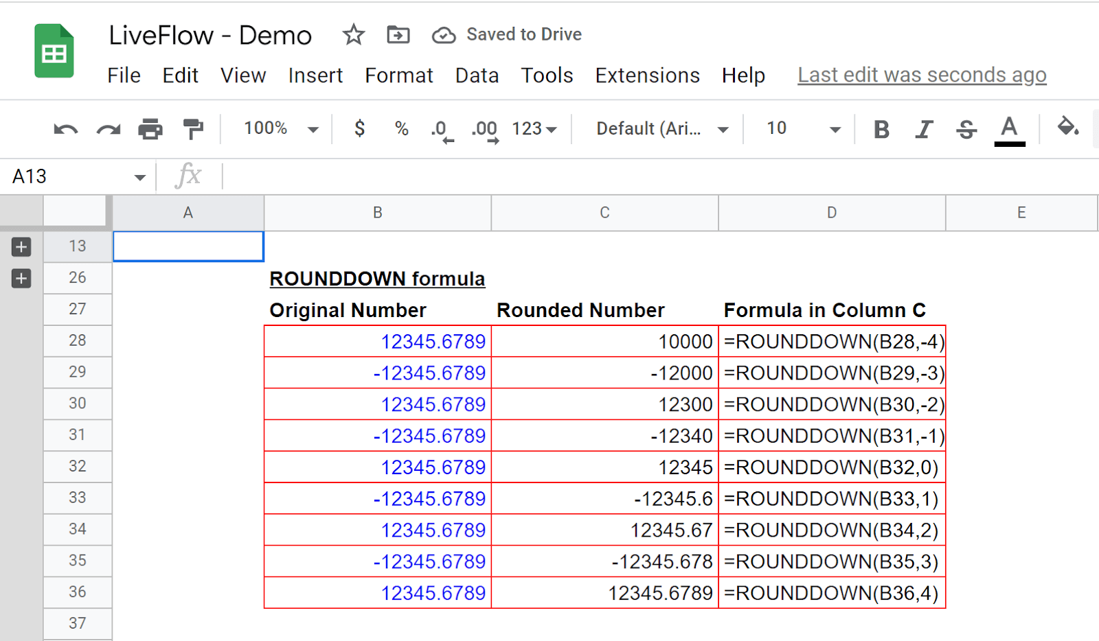 ROUNDDOWN formula in Google Sheets