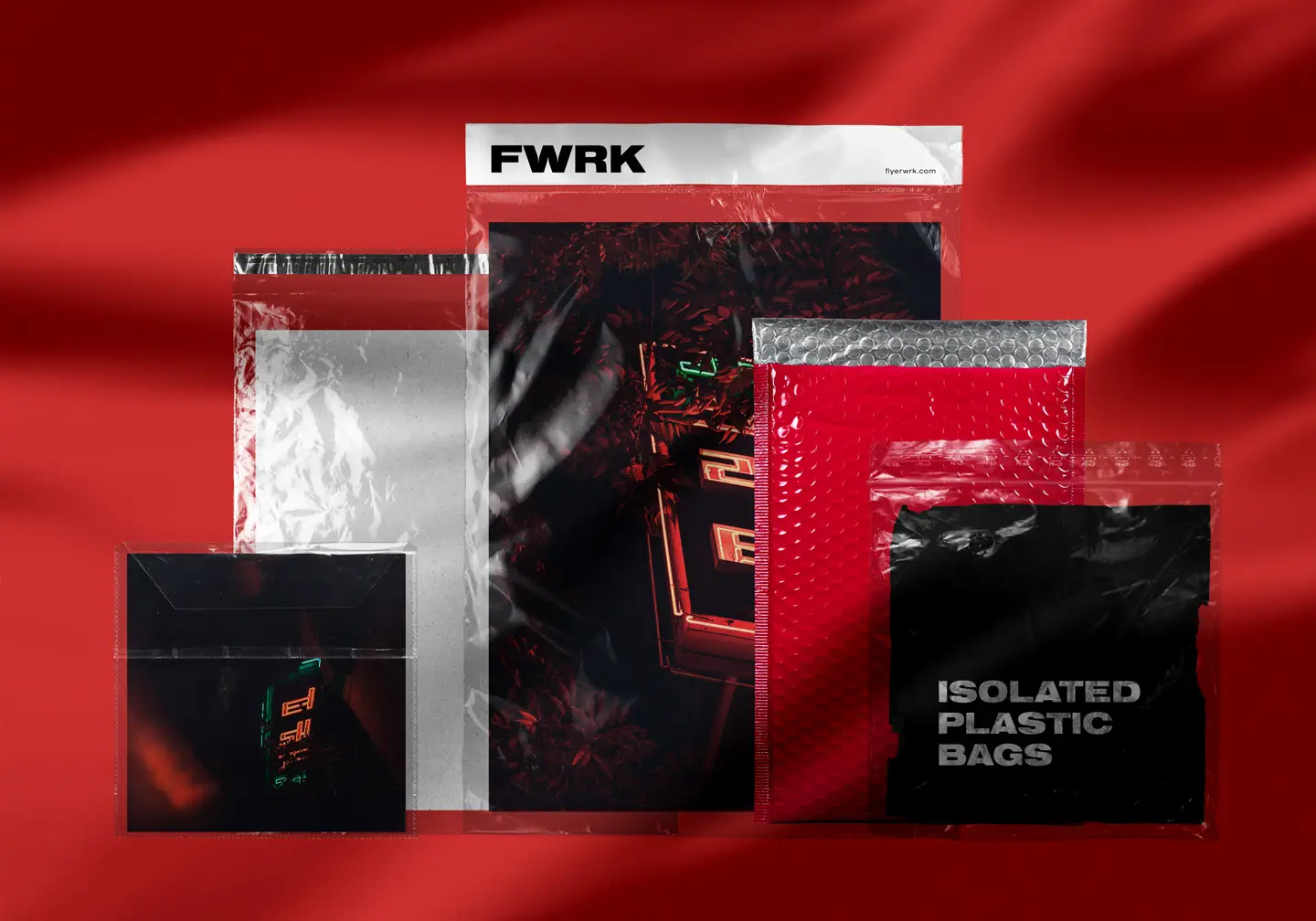 Isolated Empty Plastic Bags arranged in a creative mockup scene with a red textured background