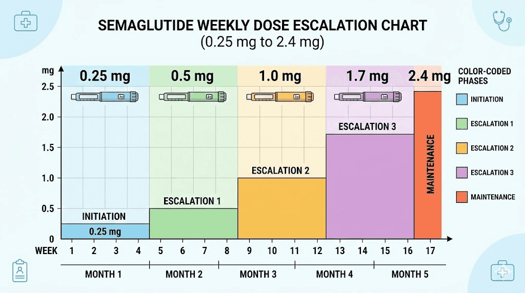 Semaglutide dose escalation schedule from 0.25 mg to 2.4 mg weekly